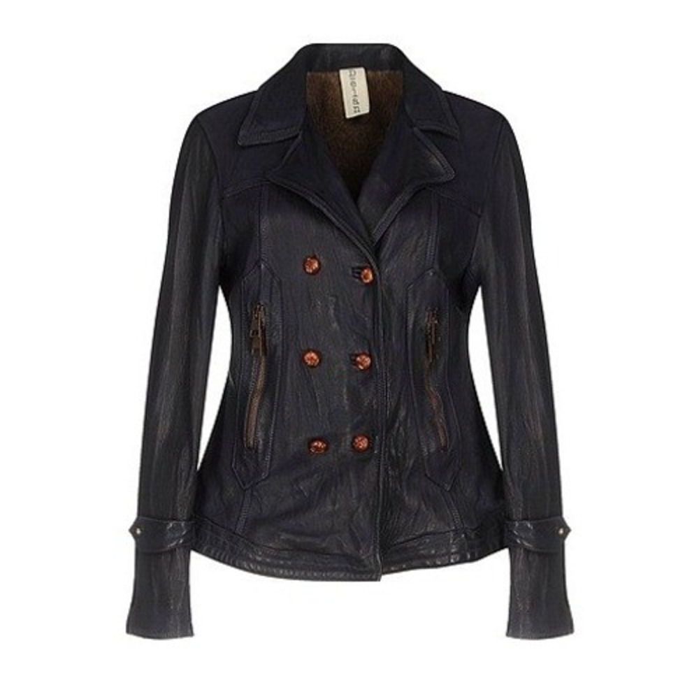 NWT $729 Delan Dark Navy Blue Double Breasted Leather Wool lining Jacket  Size M